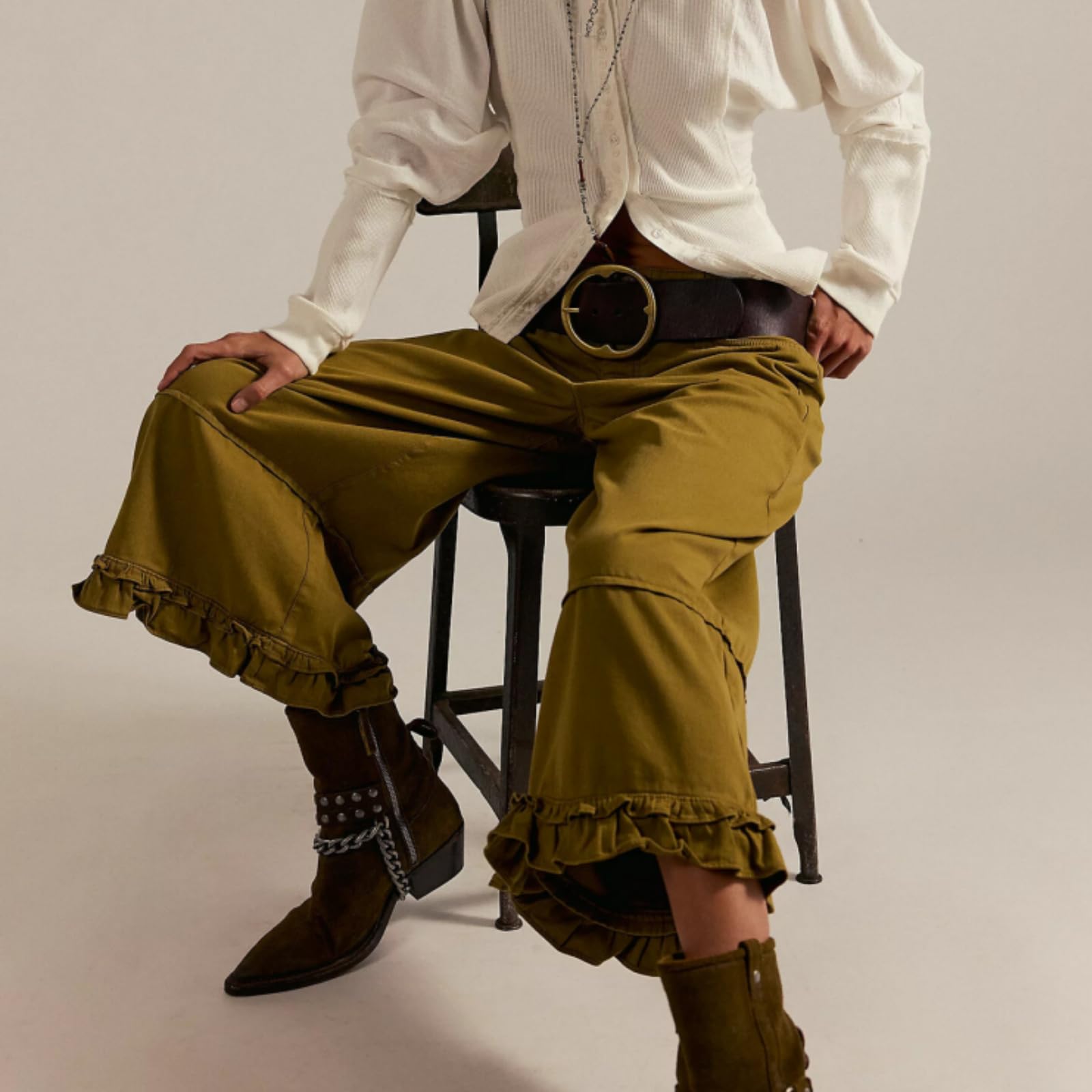 Jeans con dobladillo con volantes para mujer, tiro medio, pierna ancha, pantalones de mezclilla holgados con cintura elástica y bolsillos