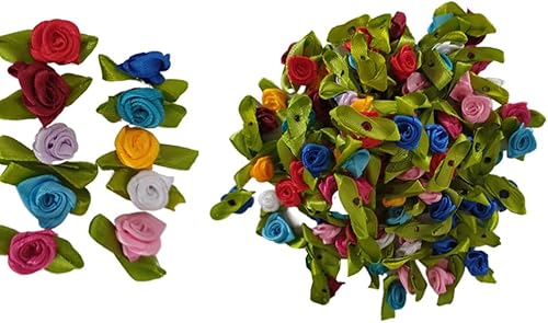 Mini rosas de cinta para coser manualidades, paquete de 100 rosetas artificiales de tela con hojas verdes para decoración de manualidades,