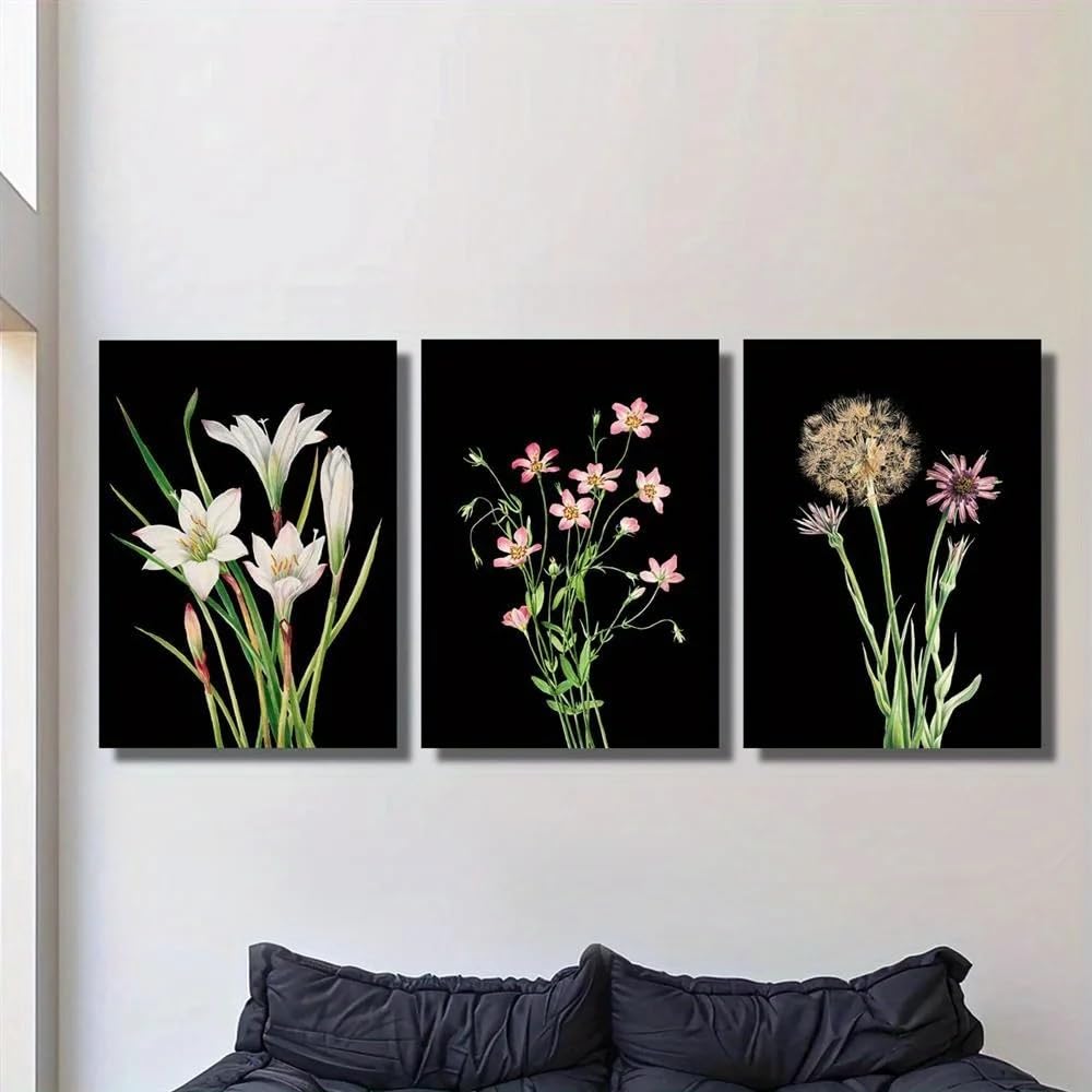 GOSRD Stampe artistiche su tela con fiori selvatici botanici, dipinti con fiori rosa, bianchi e viola su sfondo nero, per soggiorno, ufficio, decorazione della casa (50x75 cm, 3 pezzi)