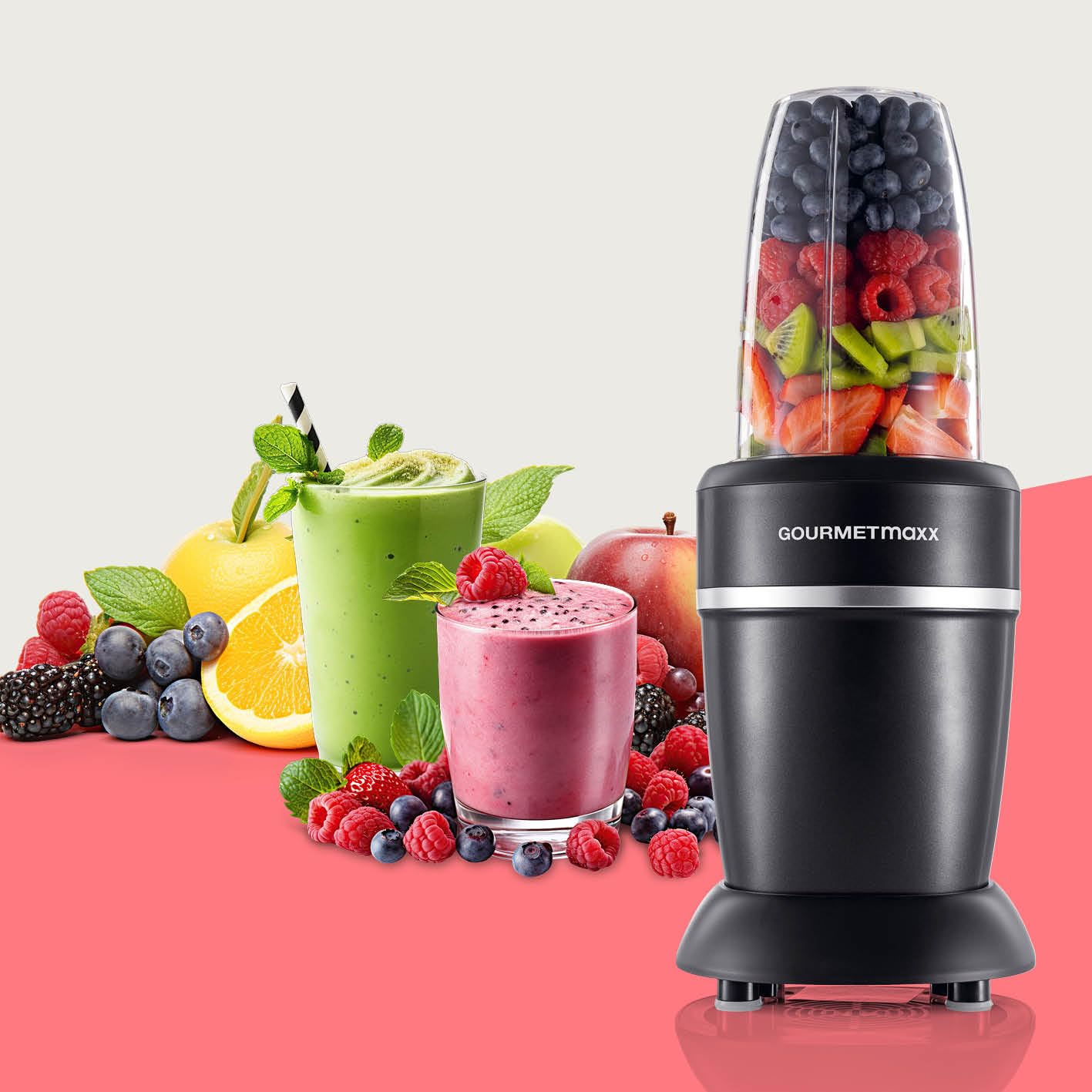 GOURMETmaxx Nutrition Mixer | Smoothie Maker mit XXL-Zubehörset | Standmixer 11-tlg. | Blender mit Rezepten, To go & Frischhaltedeckeln | Food Processor für Smoothies, Shakes & Co