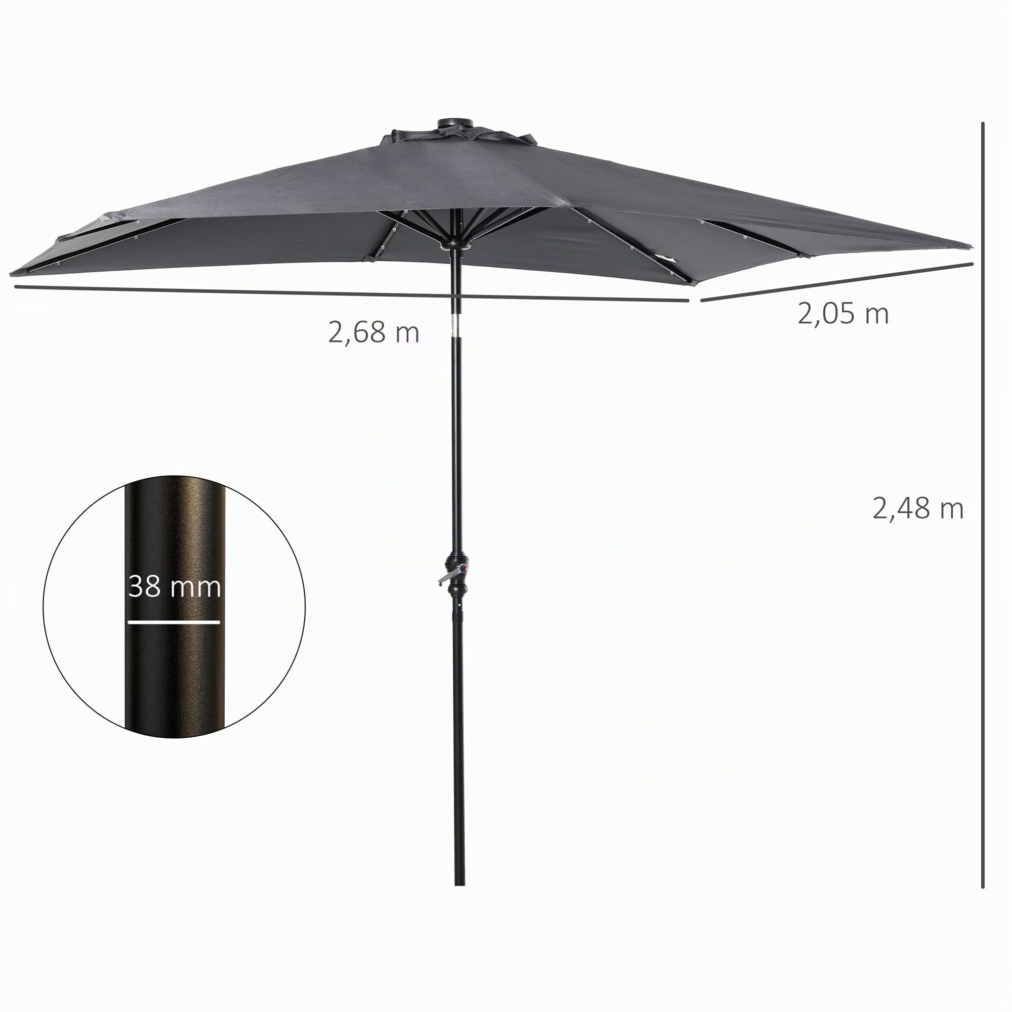 Outsunny Sombrilla Terraza Exterior 2,7x2x2,5 m Inclinable Luces LED | Sombrilla de Jardín, Techo hasta 45°, Poste de Acero, Manivela, Parasol para Patio Terraza