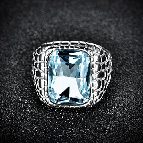 Masop Mens Stainless Steel Rings With Aquamarine Color Cz Zircon Gothic Punk Party Jewelry Size 12 #TOP2