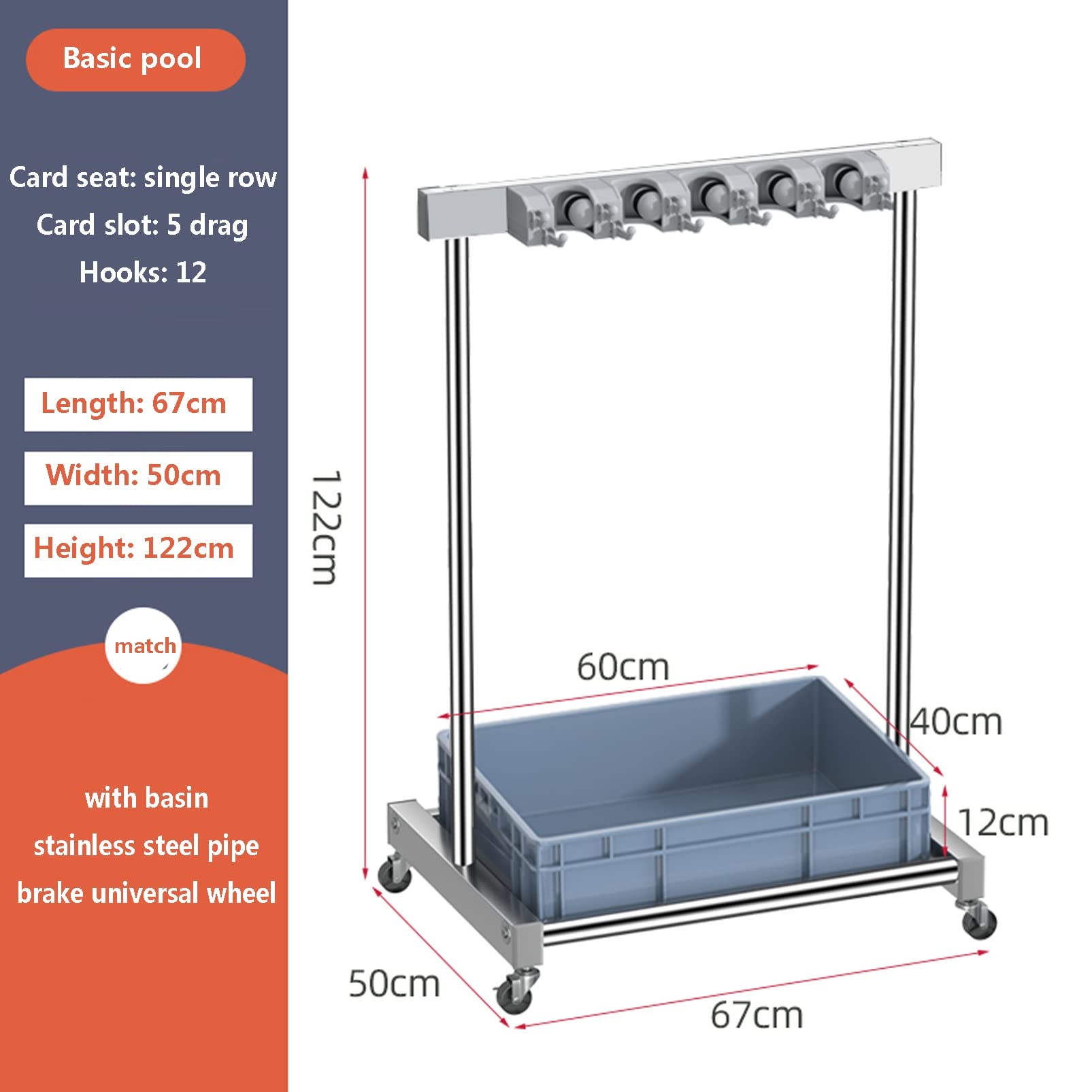Soporte Móvil Para Escobas Y Fregonas. Coloca Fregonas Húmedas. Estante De Herramientas De Limpieza De Pie De Acero Inoxidable, Ideal Para Escuelas, Fábricas, Hoteles Y R,Grey-Blue water basin
