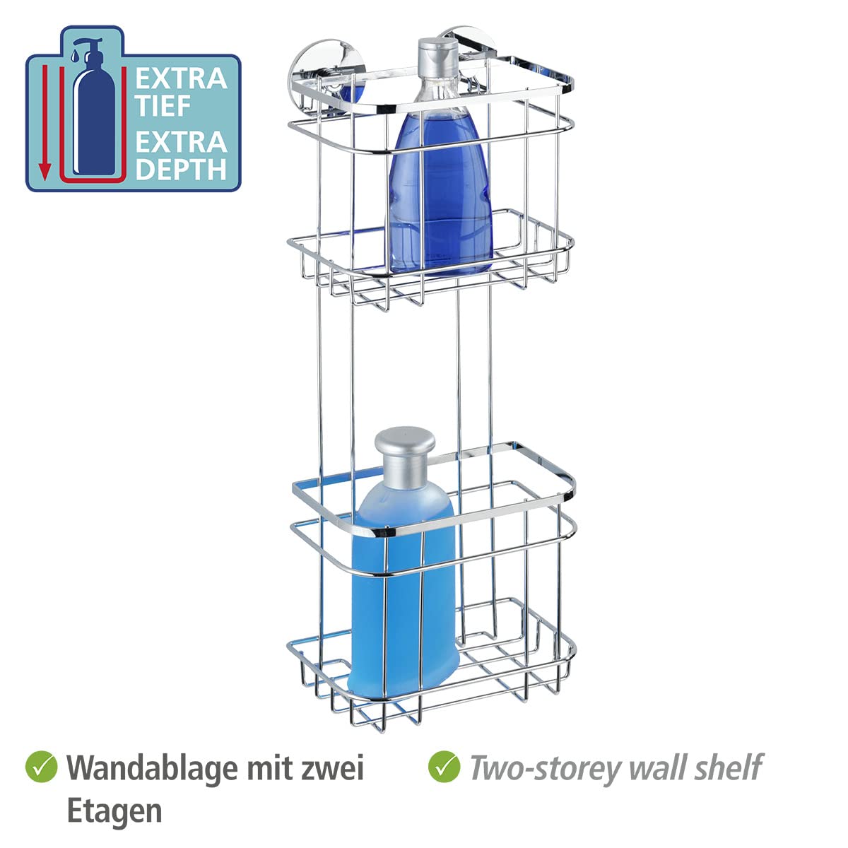 WENKO Turbo-Loc® Edelstahl Wandregal 2 Etagen - Befestigen ohne Bohren, Edelstahl rostfrei, 18 x 47.5 x 12.5 cm, Glänzend