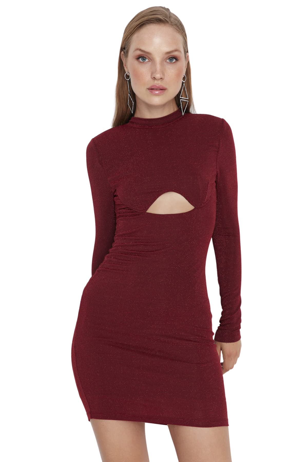 Trendyol FeMan Glam Mini Bodycon Fitted Knit Dress Burgundy