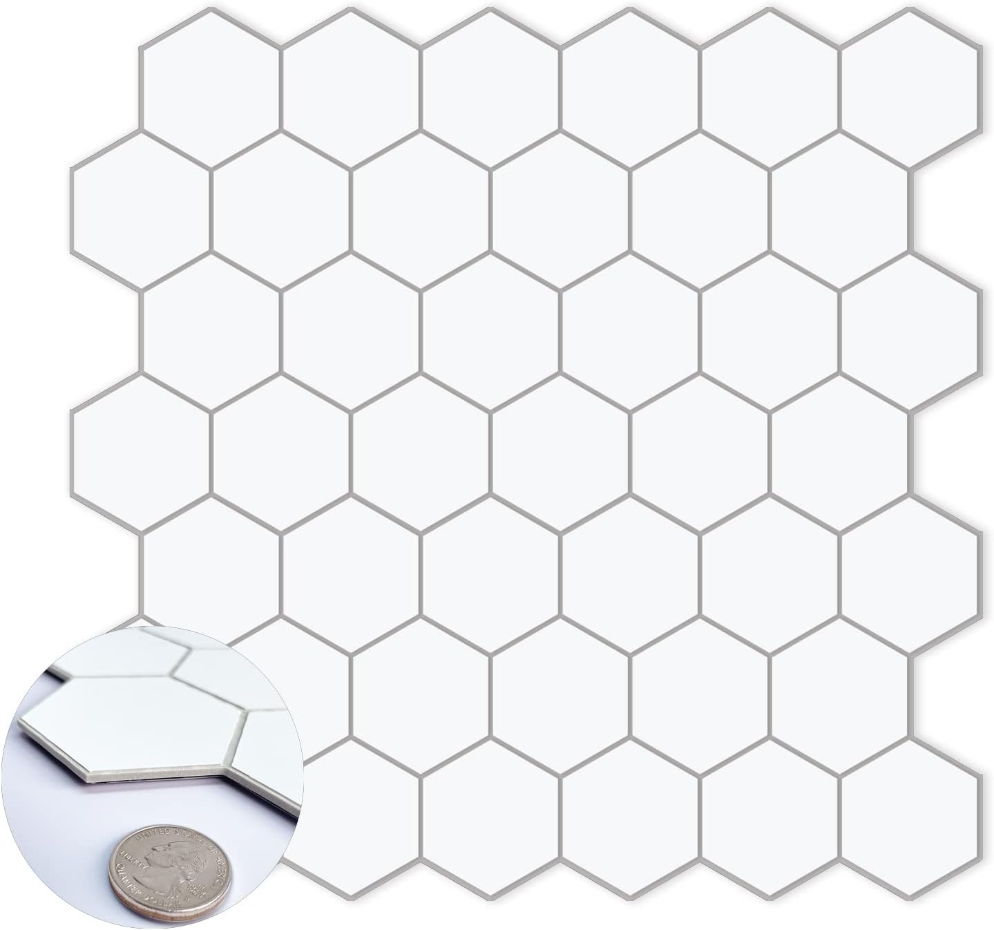 Product image of 10-Sheet Hexagon Peel and Stick Backsplash, 11.42" x 11.42" White Honeycomb Stone Composite Self-Adhesive Marble Tile, Waterproof Stick on Tiles for Kitchen Bathroom Shower, Covers 9 Sq. Ft.
