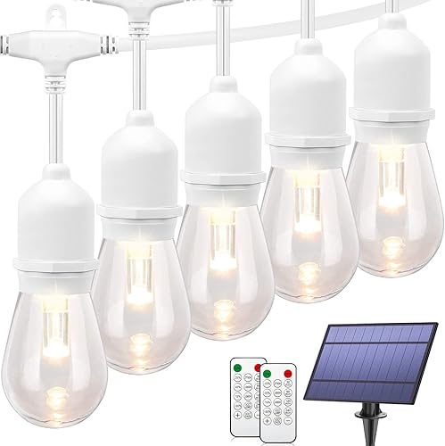Mlambert Tira de luces solares regulables de 3 colores en 1 para exteriores, tira de luces de patio de 48 pies con control remoto y 15+3 bombillas