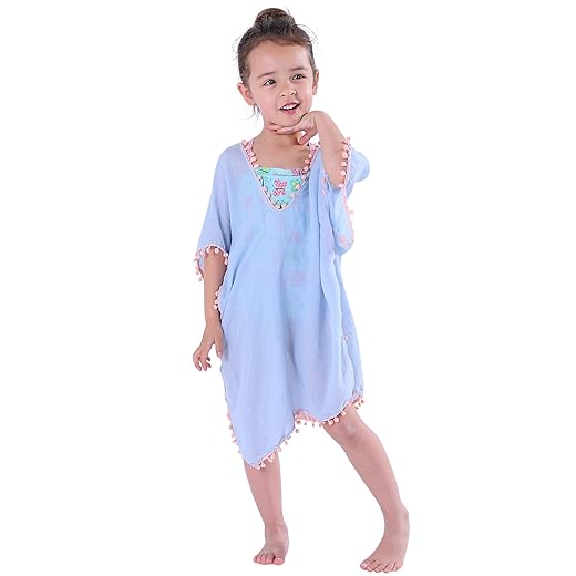 MissShorthair Fashion Girls Cover-ups Swimsuit Wraps Beach Dress Top with Pompom Tassel, One Size,3 Sky