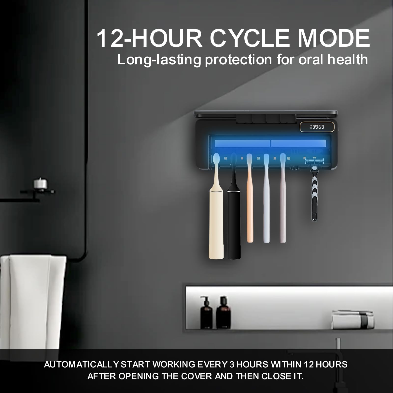 Soporte para cepillo de dientes UV, 5+1+1 ranuras, soporte portátil para cepillo de dientes recargable montado en la pared con funciones de calefacción, sin taladrar (Blcak)