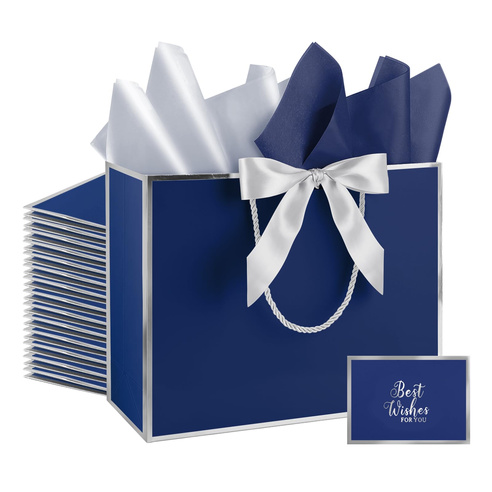 Addblu 12 Pack Large Navy Blue Gift Bags with Handles, 12.6x10x4'' Includes 36 Tissue Papers, Bow Ribbon & Cards for Wedding, Birthday, Bridesmaid, Groomsmen, Valentine's Day, Easter (Blue and Silver, 12pcs)