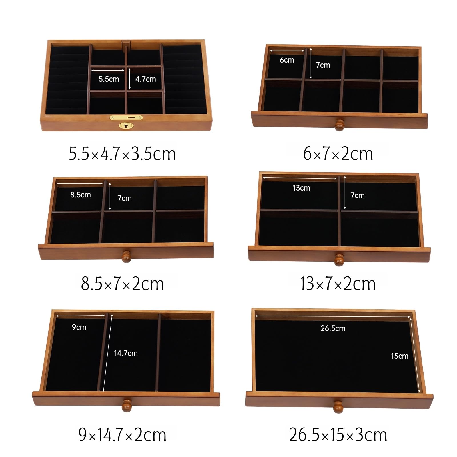 Schmuckkästchen Holz mit 6 Schubladen und Spiegel | Hochwertige Schmuckaufbewahrung, Samt-Innenfutter, Für Ketten, Ohrringe, Ringe und Armbänder