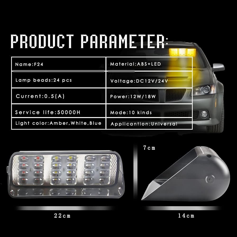 24 LED Ambre Gyrophare Stroboscope LumièRe D'Urgence avec télécommande Balise Danger Flash Ventouse 12V Convient Pour Camion De Voiture SUV IntéRieur Toit/Dash/Pare-Brise