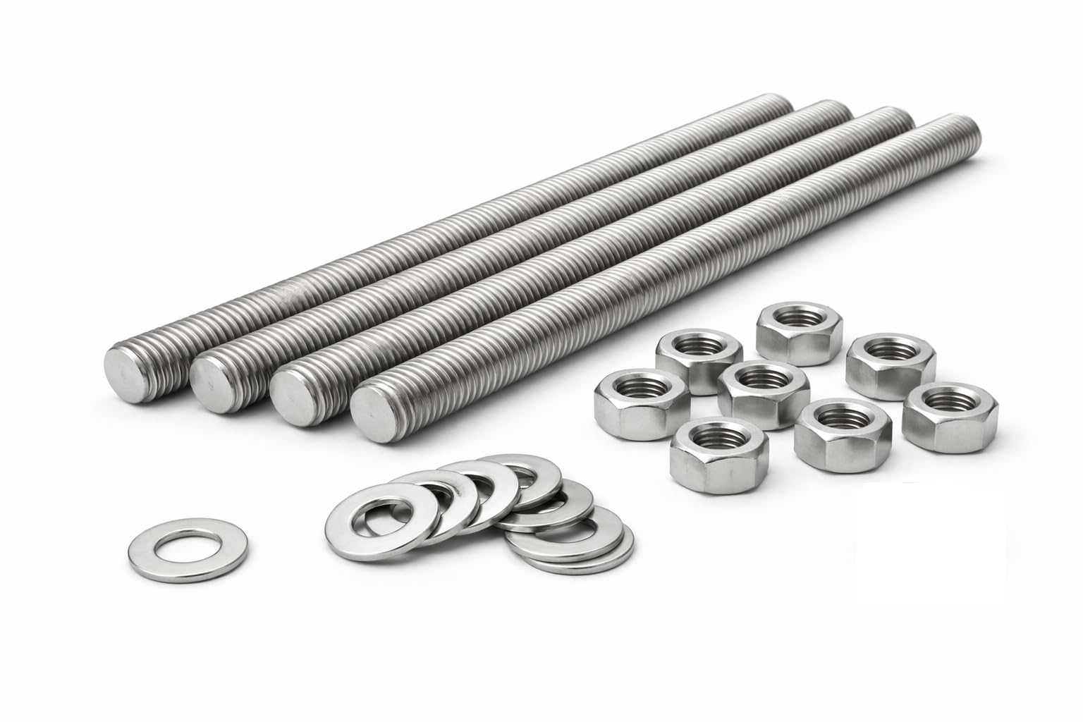 Lot de 4 tiges filetées M10 x 1000 mm, acier inoxydable A2, filetage métrique complet DIN 975, avec 8 rondelles en acier inoxydable DIN 125 et 8 écrous en acier inoxydable DIN 934