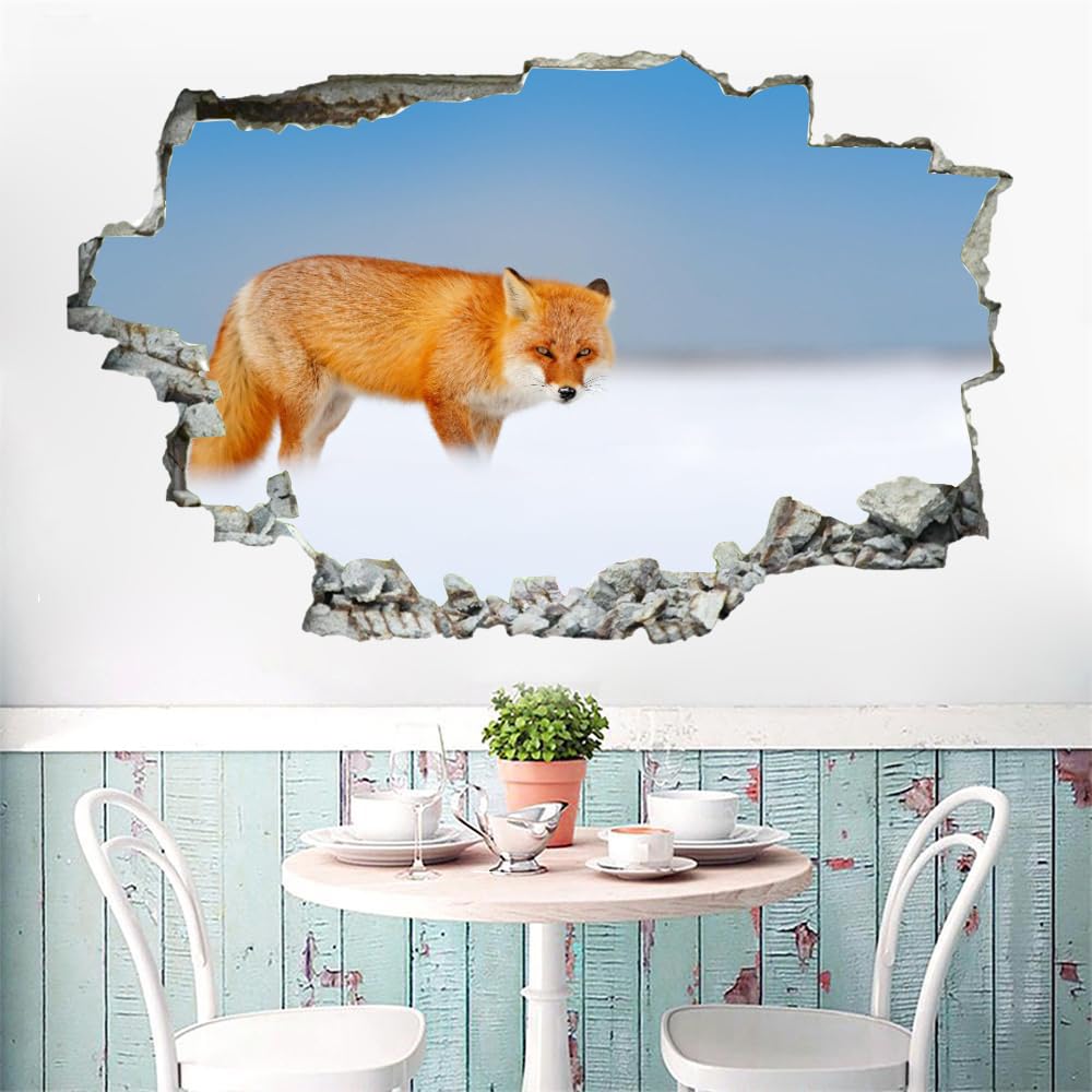 Pegatinas de pared rotas en 3D, Mural de pared de zorro, arte de Animal, guardería, dormitorio infantil, sala de estar, fondo, calcomanía de pared, decoración extraíble para el hogar