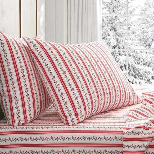 Image of Martha Stewart - Full Size Sheets Set, Crisp & Tailored Cooling Sheets w /a Naturally Smooth Cotton Percale Lightweight Feel - Bed Sheets with Matching Pillowcases & Fitted Sheet (Rose Ribbon Red)