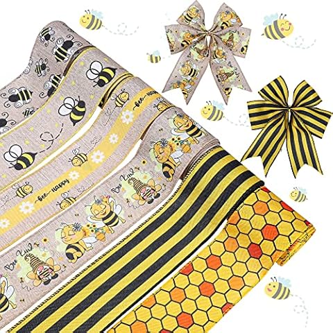 6 Rolls Bee Wired Edge Ribbon 2.5 Inch Yellow Black Bee Burlap Ribbons Bee Honeycomb Stripes Ribbon DIY Craft Decorative Ribbons for Spring Summer Bows Wreaths Birthday Party Supplies, 30 Yards Cover