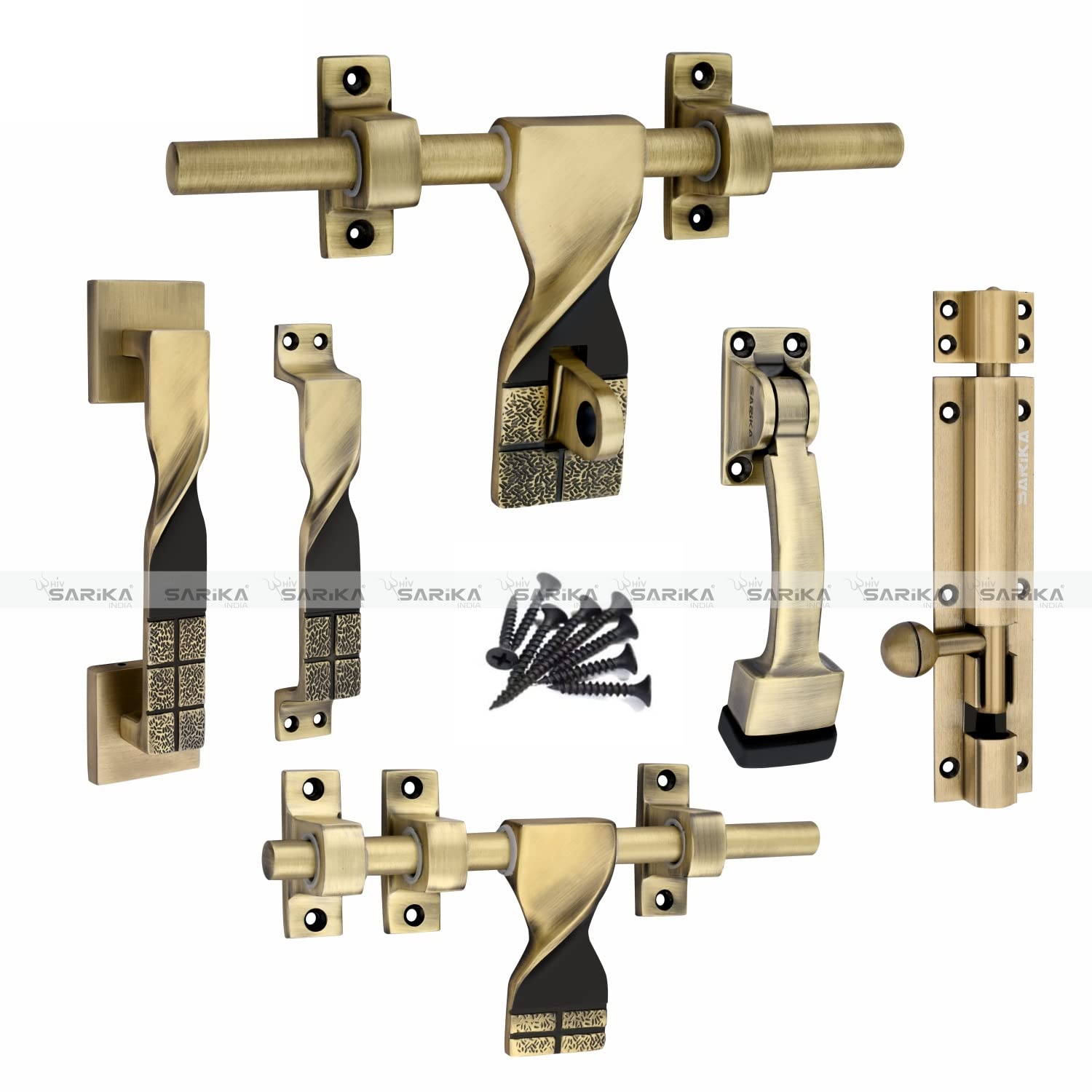Shiv Sarika India Twister Zinc Alloy Heavy Single Door Fitting Accessories Full Set/Kit (1 Aldrop, 1 Latch, 2 Handles, 1 Tower Bolt and 1 Door Stopper) (10 Inch,Antique Black Matt) (B0BSN8P3TH) Amazon Price History, Amazon Price Tracker