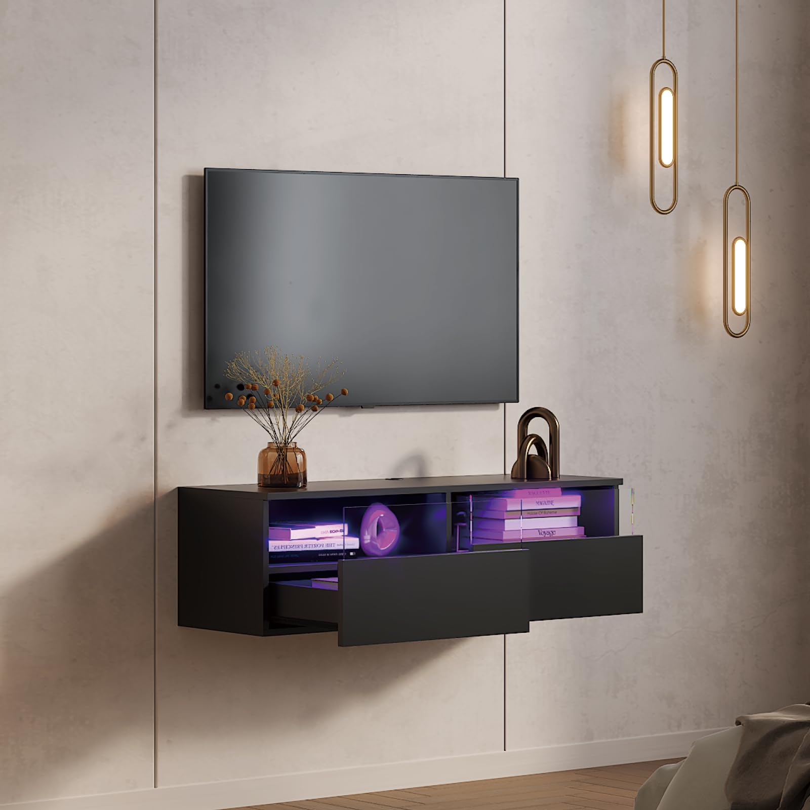 KEEPREAPER Lowboard 100cm TV Schrank mit LED-Beleuchtung hängend Schwarz | Fernsehschrank, griffloses TV-Board, 2 Schubladen mit Acryl für Wohnzimmer