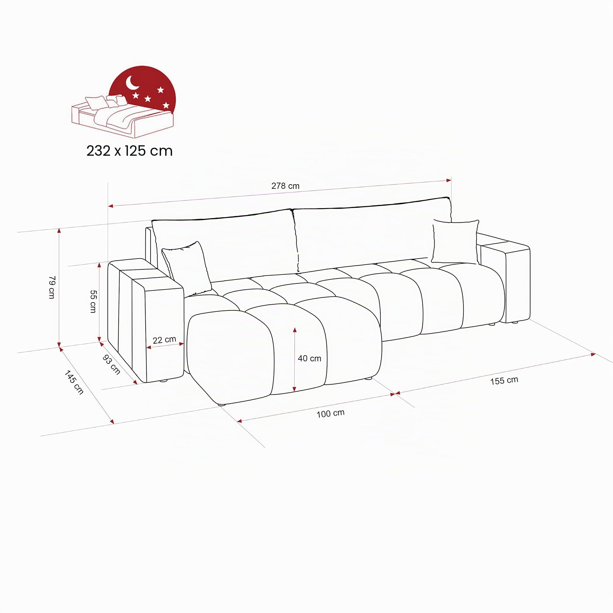 Canapé d’Angle Convertible avec Coffre - Canapé lit - Canapé d’Angle Convertible 125x232 - Tissu côtelé - Dimensions 278x145 cm