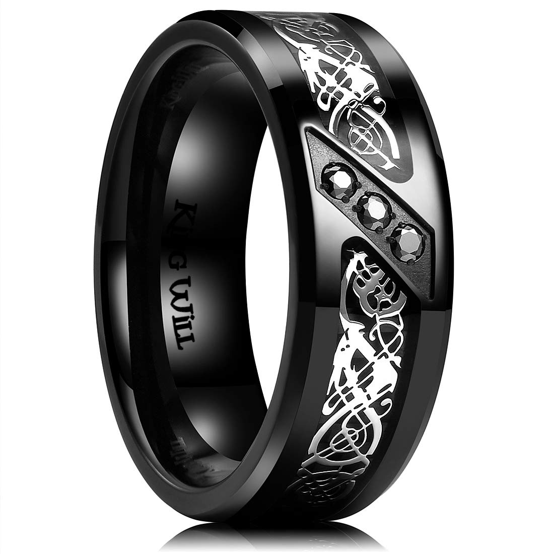 King WillDRAGON Mens Celtic Dragon Titanium Stainless Steel Ring Blue/Black/Green/Red Carbon Fibre Luminou Glow Celtic Dragon Titanium Stainless Steel Ring 7mm 8mm 9mm Zircon Polished Beveled Edge and Black Plated Wedding Band mens