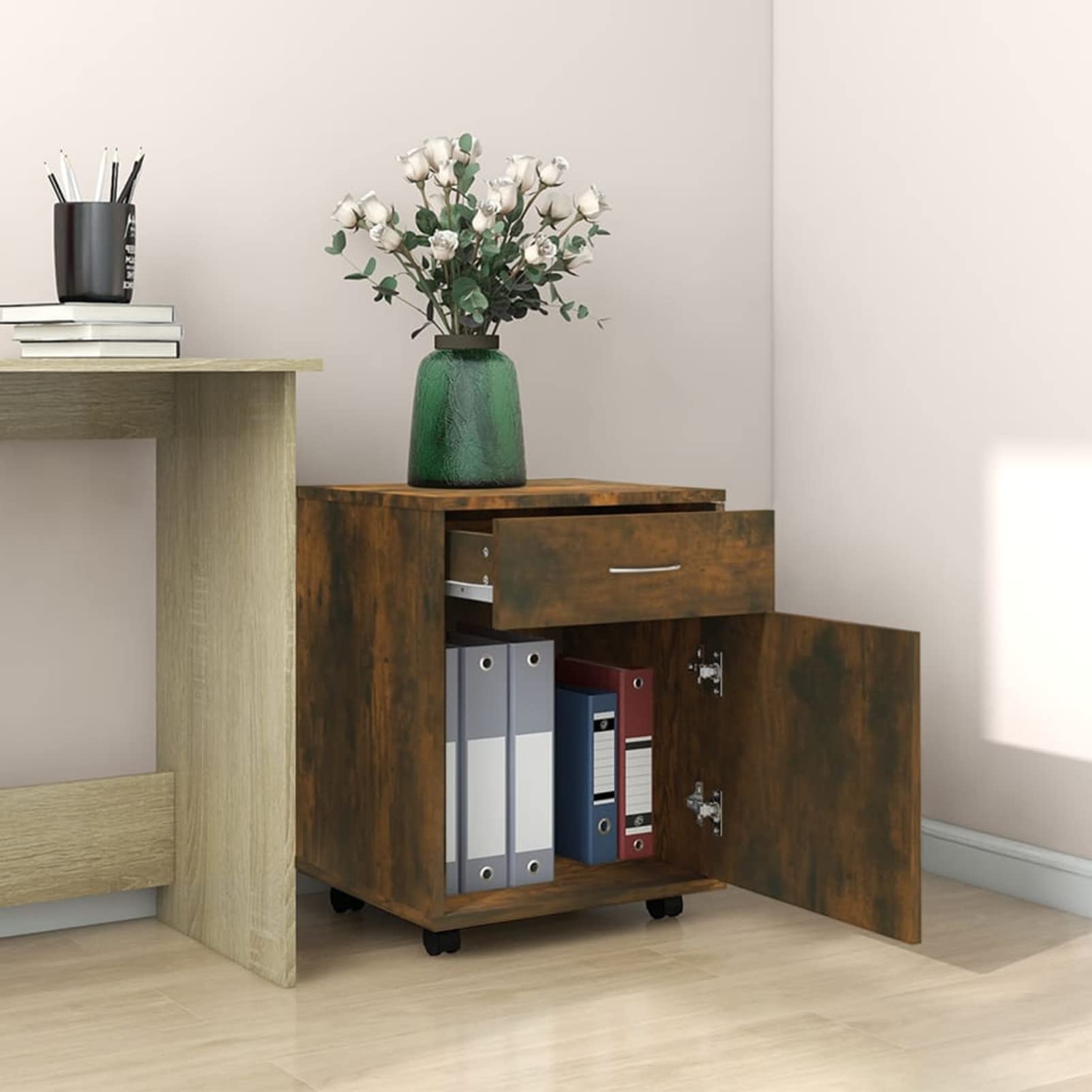 Armadietto con Ruote Rovere Fumo 45x38x54 cm Legno Multistrato,Carrello Porta Stampante, Mobiletto con Ruote, Supporto per Stampante in Legno, Classificatore per Documenti per Studio, Ufficio