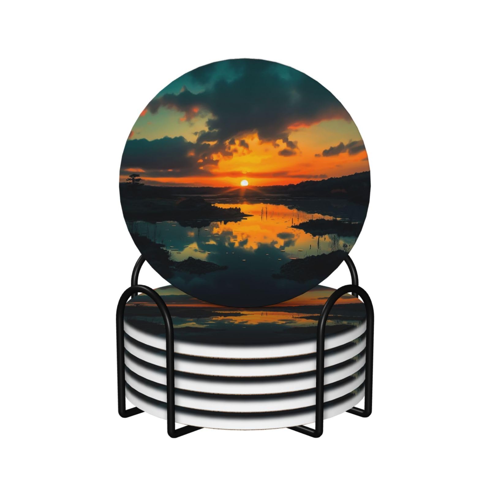 6Pcs Ceramics Coaster for Drinks, Sunset Dawn Cup Coasters with Holder, Aesthetic Drink Coasters for Coffee Table, Absorbent Round Coaster for Tabletop Protection 4" Cup Mat Pad