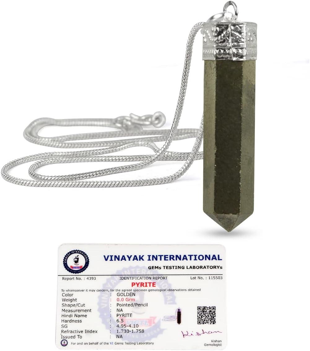 AAA Certified Natural Pyrite Pendant Crystal Stone Pencil Pendant with Metal Chain for Reiki Healing and Crystal Healing Stones for Unisex (Color : Golden)