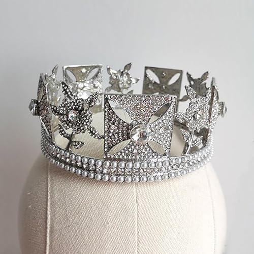 GLJTUO Hair Jewelry Crown Tiaras For Women Royal Diana Princess Bride Tiaras Crystals Pearl Bridal Round Crowns Headband Wedding Hair Accessories,Silver Plated
