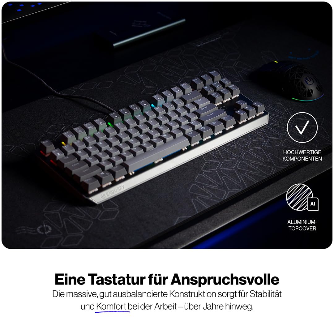 ENDORFY Thock V2 TKL DE EY5D036, mechanische Gaming-Tastatur, deutsches QWERTZ-Layout, lineare Red Switches, Hot-Swap, PBT-Keycaps, ARGB, abnehmbares USB-C-Kabel, 3-Lagen-Schalldämmung, Grau