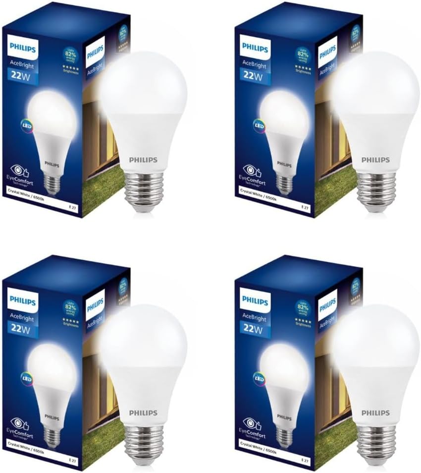 Philips 22-watt LED Bulb |AceBright High Wattage LED Bulb| Base: E27 Light Bulb for Home | Crystal White, Pack of 4
