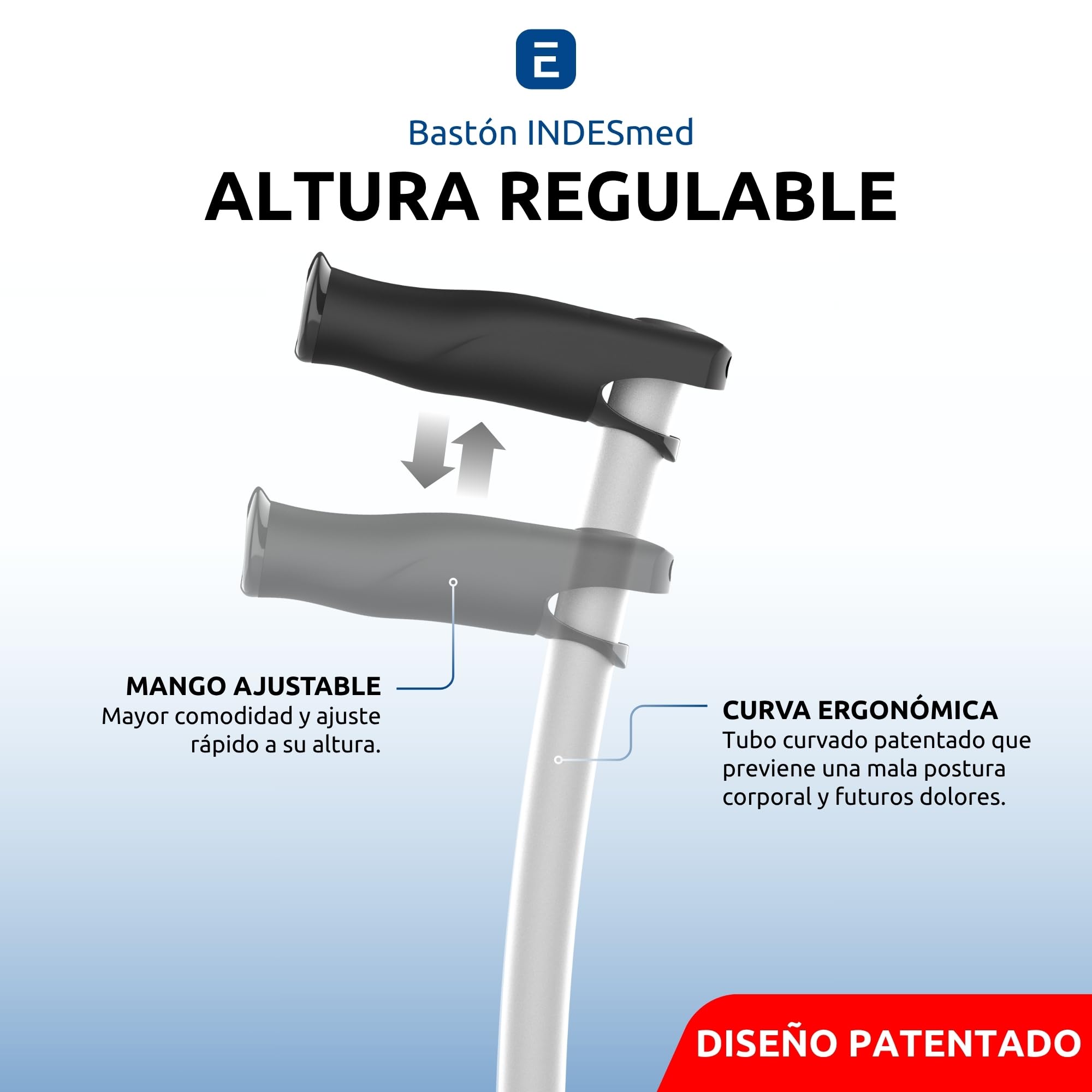 INDESmed | Bastón de Aluminio Aeroespacial 100% Ultraligero - Patentado - Ajustable milimétricamente, Ultrarresistente, Mango ergonómico Anti-tendinitis, Ortopédico-Diseñado en España (Gris, L)