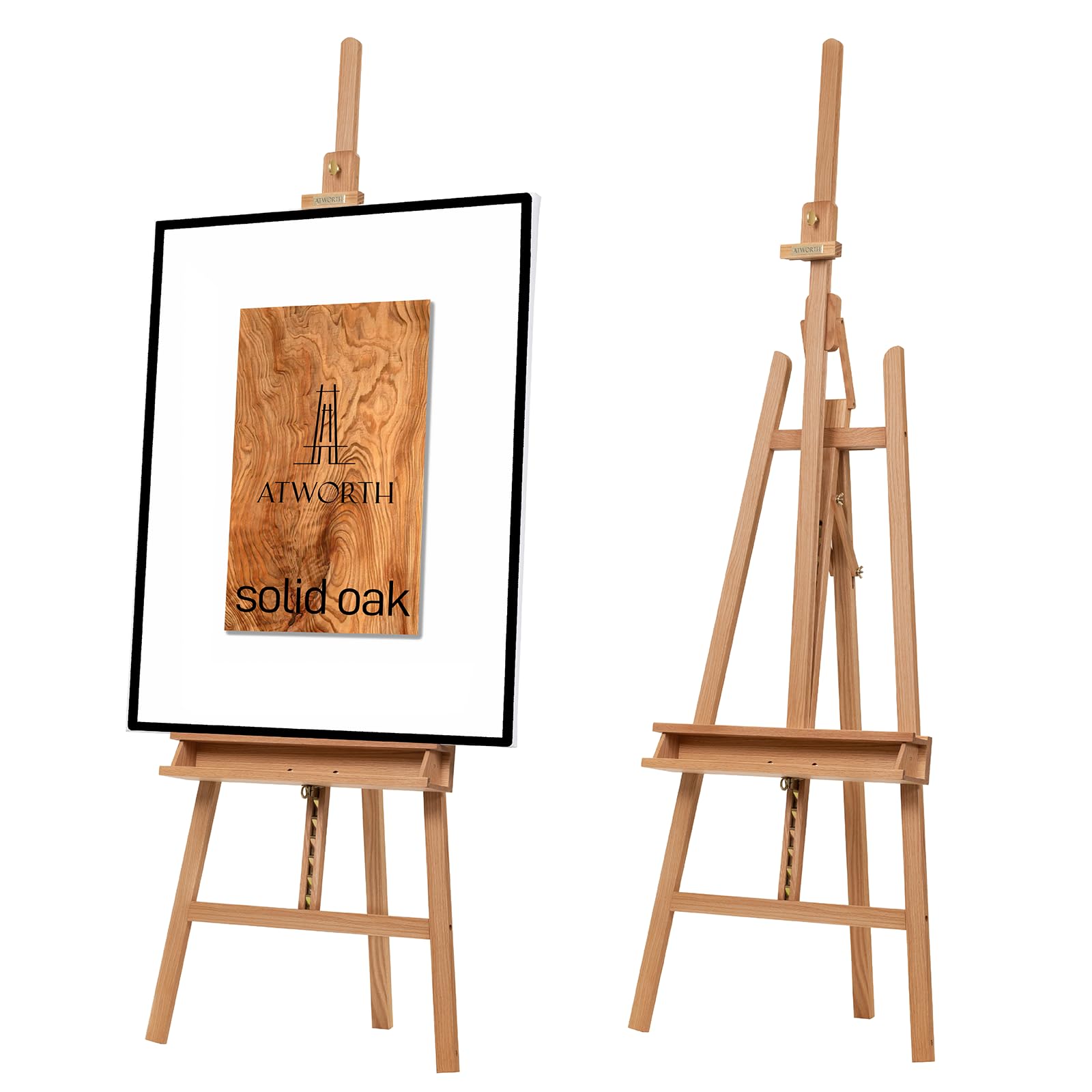 ATWORTH Inclinable Lyre Style Studio Art Easel, Deluxe Oak Wooden Large Adjustable A-Frame Floor Painting Easel Stand with Storage Tray, Hold Canvas Art up to 48”, Natural Oil Finish
