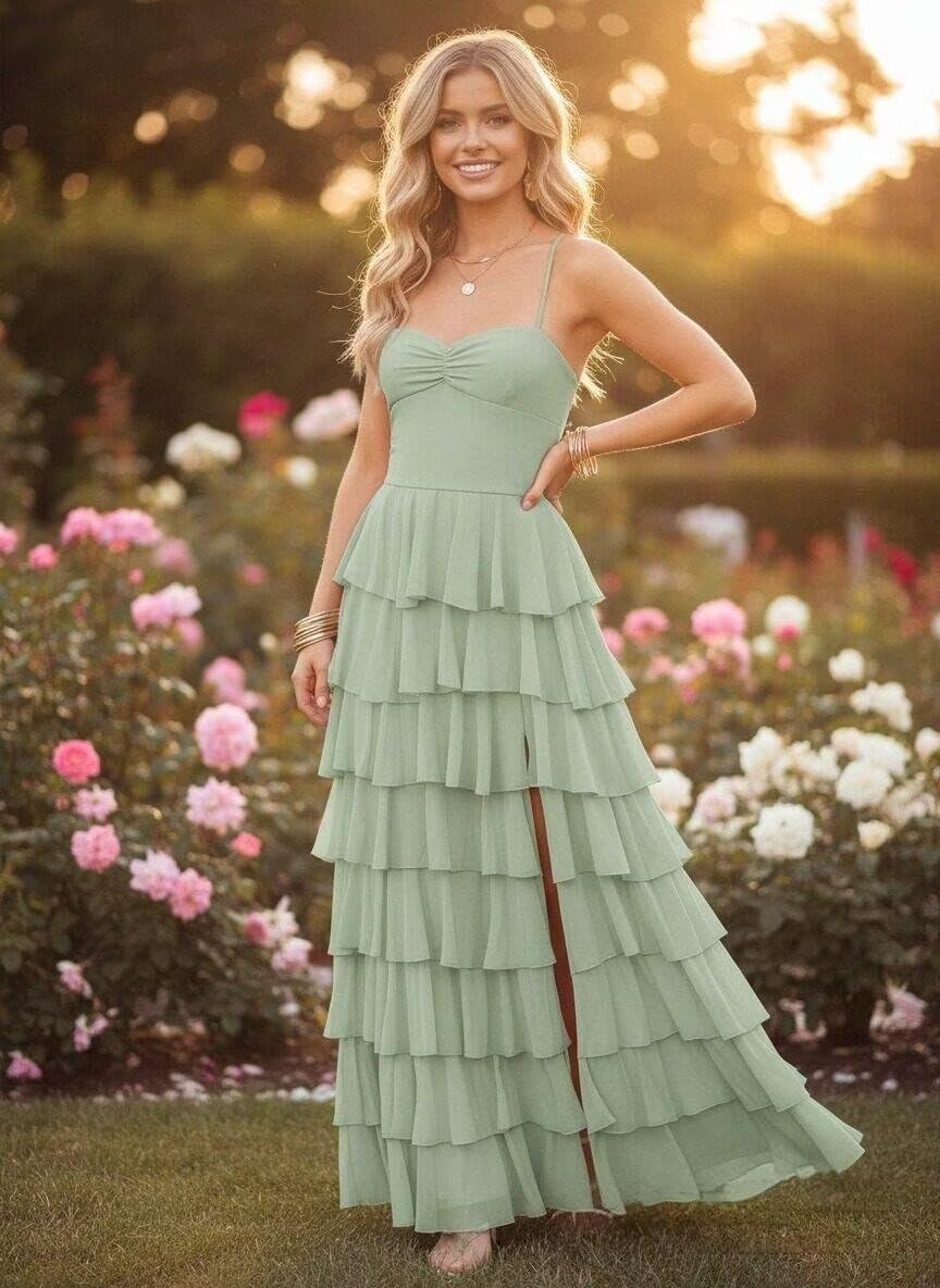 Ruffle Prom Dress Tiered Backless Ball Gown 2026 Bridesmaid Dresses for Women