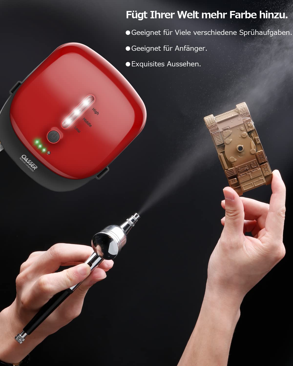Oasser Airbrush Set Kompressor Dual Action 3 Modi wiederaufladbarer 1000mAh Akku 0,3mm Düse 7CC Tasse Airbrush Pistole für Modell Kosmetik Lackierung Rot