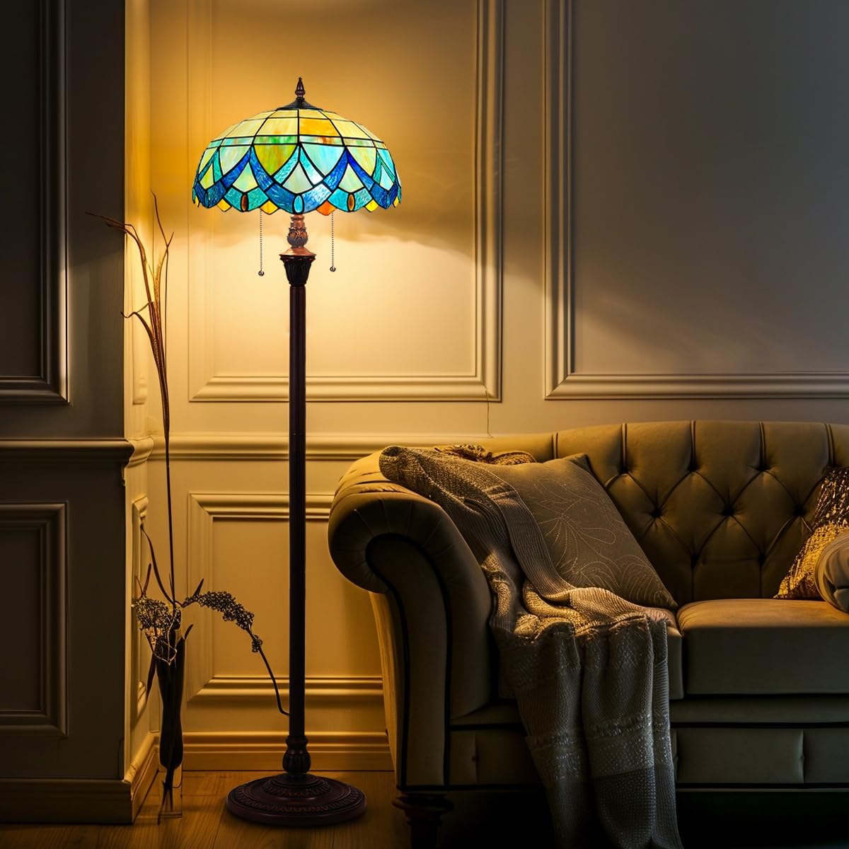 Tiffany Floor Lamp for Living Room,Antique Style Tall Standing Lamp,Stained Glass Lamp Shade,Pole Light Reading for Bedroom Office