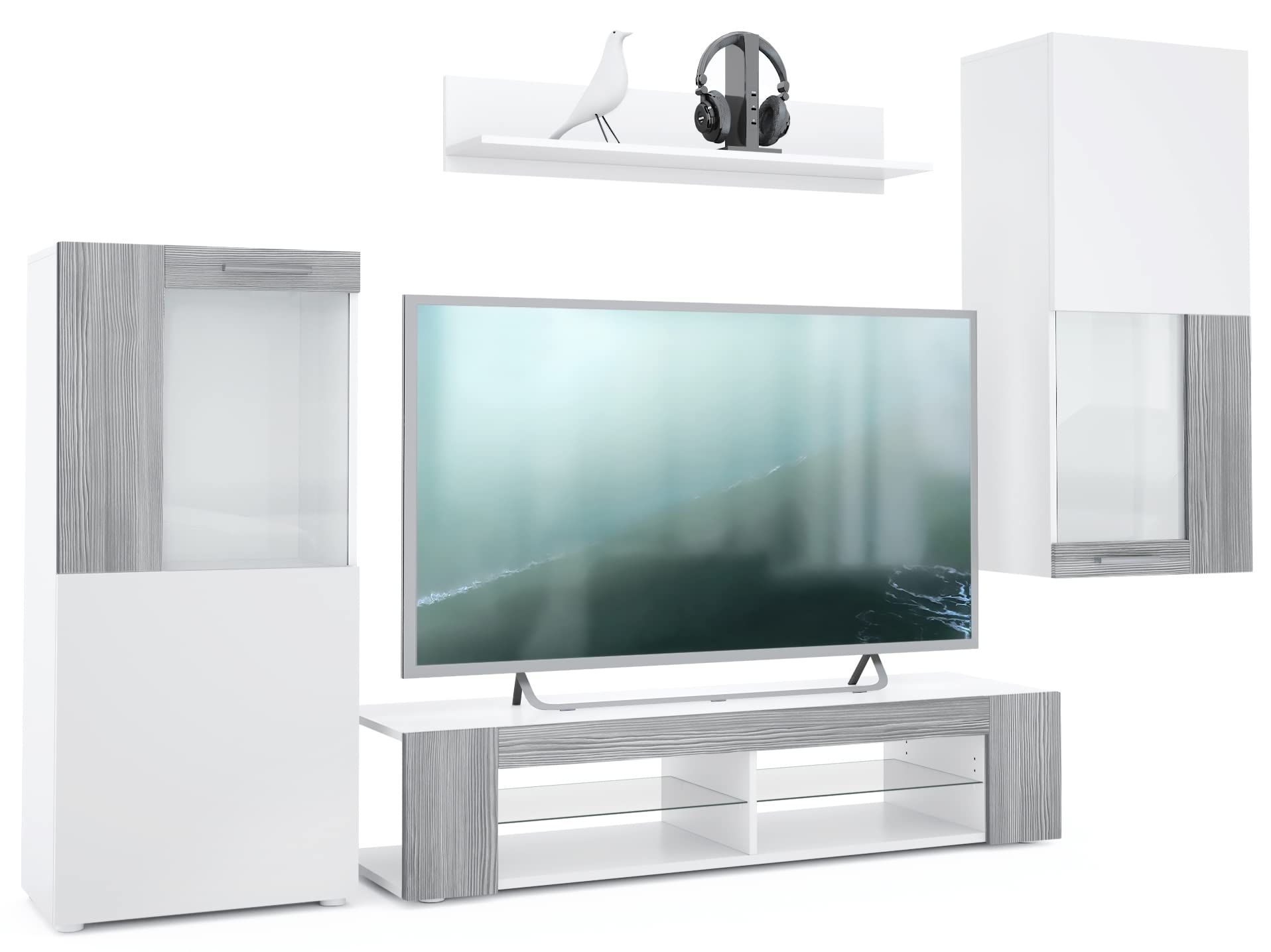 Vladon Wohnwand Movie, Anbauwand bestehend aus 1 TV-Board, 2 Vitrinen und 1 Regal, Weiß matt/Weiß matt/Avola-Anthrazit (Gesamt: 300 x 190 x 39 cm)
