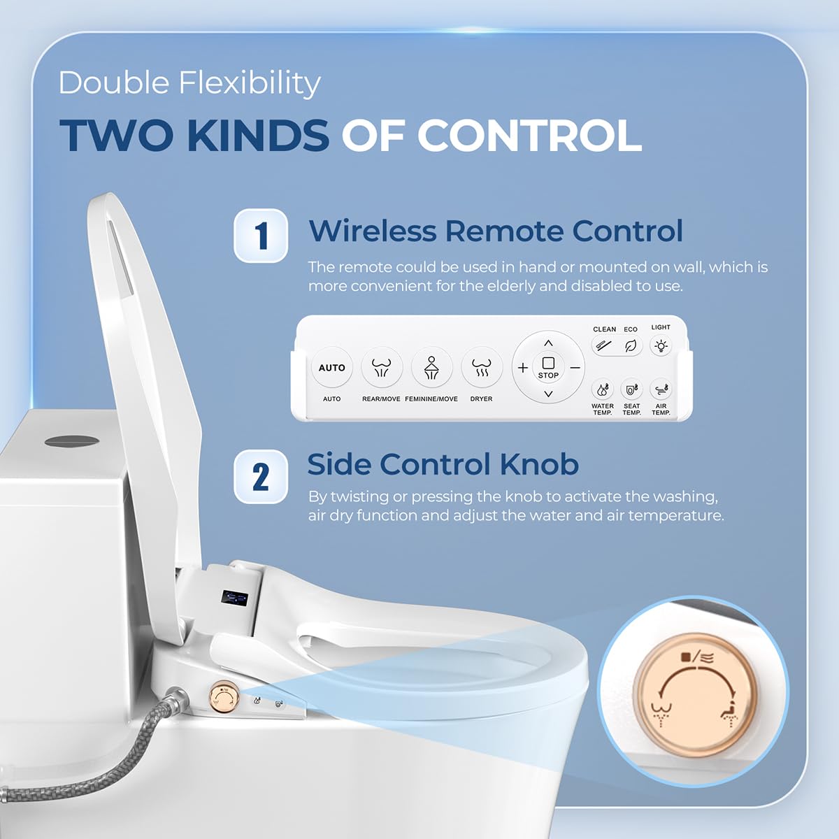 Wydłużona deska sedesowa bidet, elektrycznie podgrzewana deska sedesowa z natychmiastową ciepłą wodą, pilot zdalnego sterowania i pokrętłem bocznym, dysza samoczyszcząca, miękka pokrywa, lampka