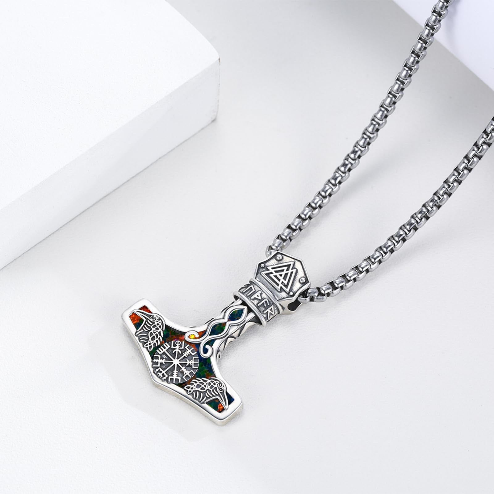 Mjolnir Halskette Sterling Silber Wikinger Kompass Anhänger Thor Hammer Rabe Halskette Nordische Runen Vegvisir Amulett Schmuck Geschenke für Frauen Männer
