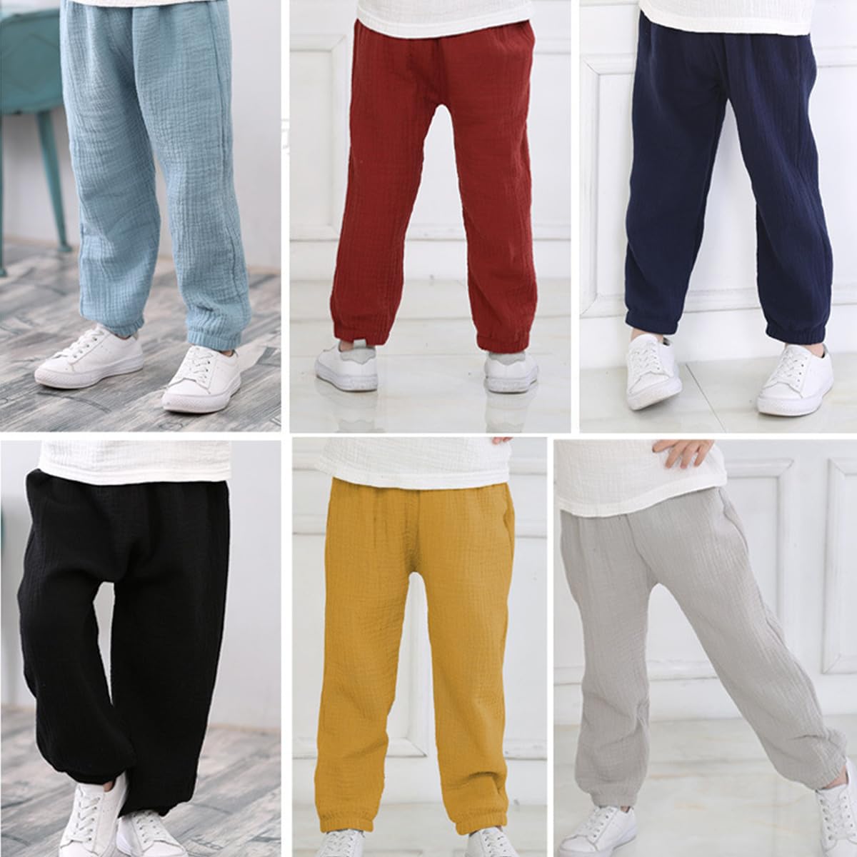 Lot de 3 Pantalon Bloomers Été pour Bébé Garçon Fille Pantalons Sarouel en Coton Lin Pantalon Bouffant à Couleur Unie Pantalons Long Décontracté Jogging pour Enfant Garçon Fille 6 Mois-7 Ans