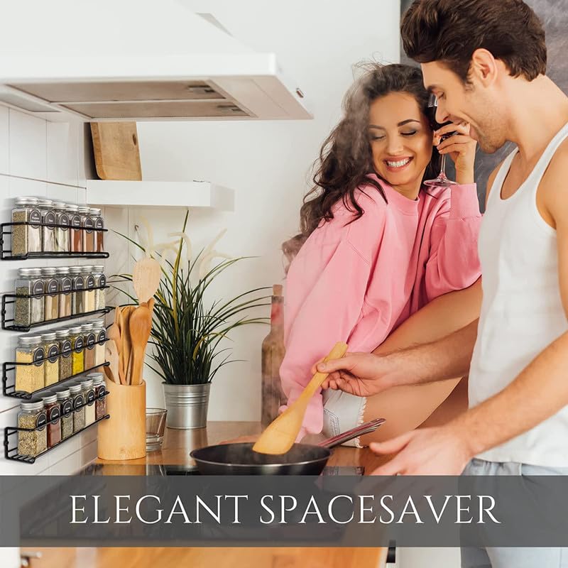 Image of Wall Mounted Spice Rack Organizer 4 piece Pack,Hanging Spice Seasoning Rack Shelf Holder Organizer Storage for Kitchen Cabinet Pantry (Modern) (Classic) with 5 Hooks