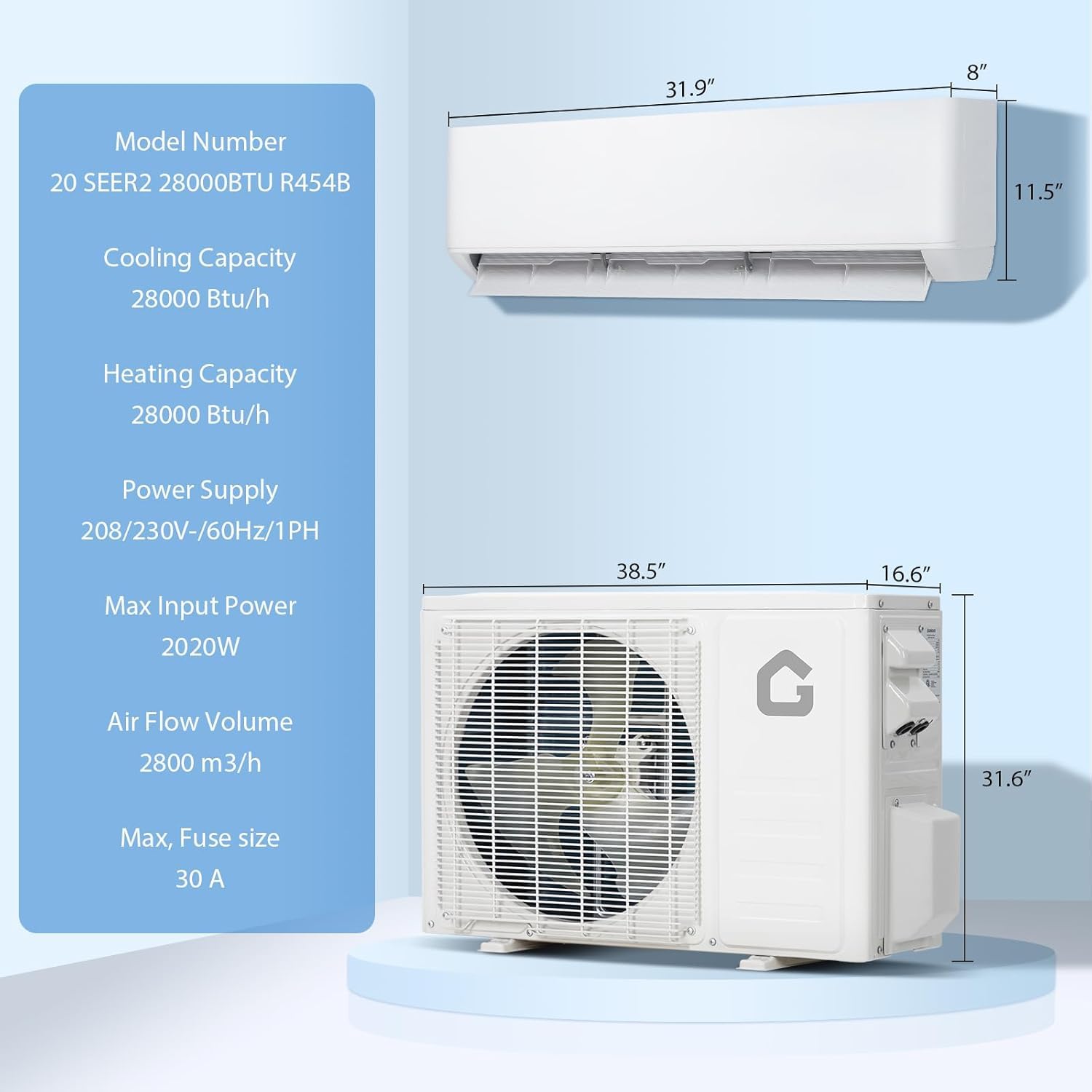28K 3 Zone Mini Split Air Conditioner and Heater, 20 SEER2 208-230V 9000 + 9000 + 12000 BTU Wifi Mini Split AC/Heating System Multi Zone, Ductless,