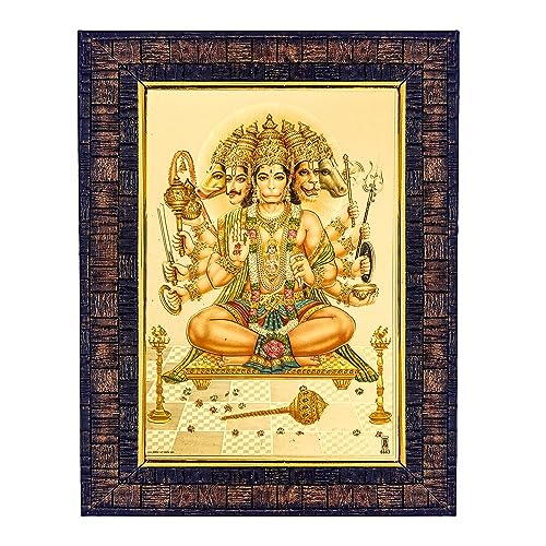 Image of Hawai Gold Plated Panchmukhi Hanuman Ji Photo Frame, Size 21x17x2cm | Engineered Wood Wall Hanging Frame | Bajrang Bali Religious Wall Decor for Pooja Room, Home & Office | Spiritual Gift Item | BLKFRM450