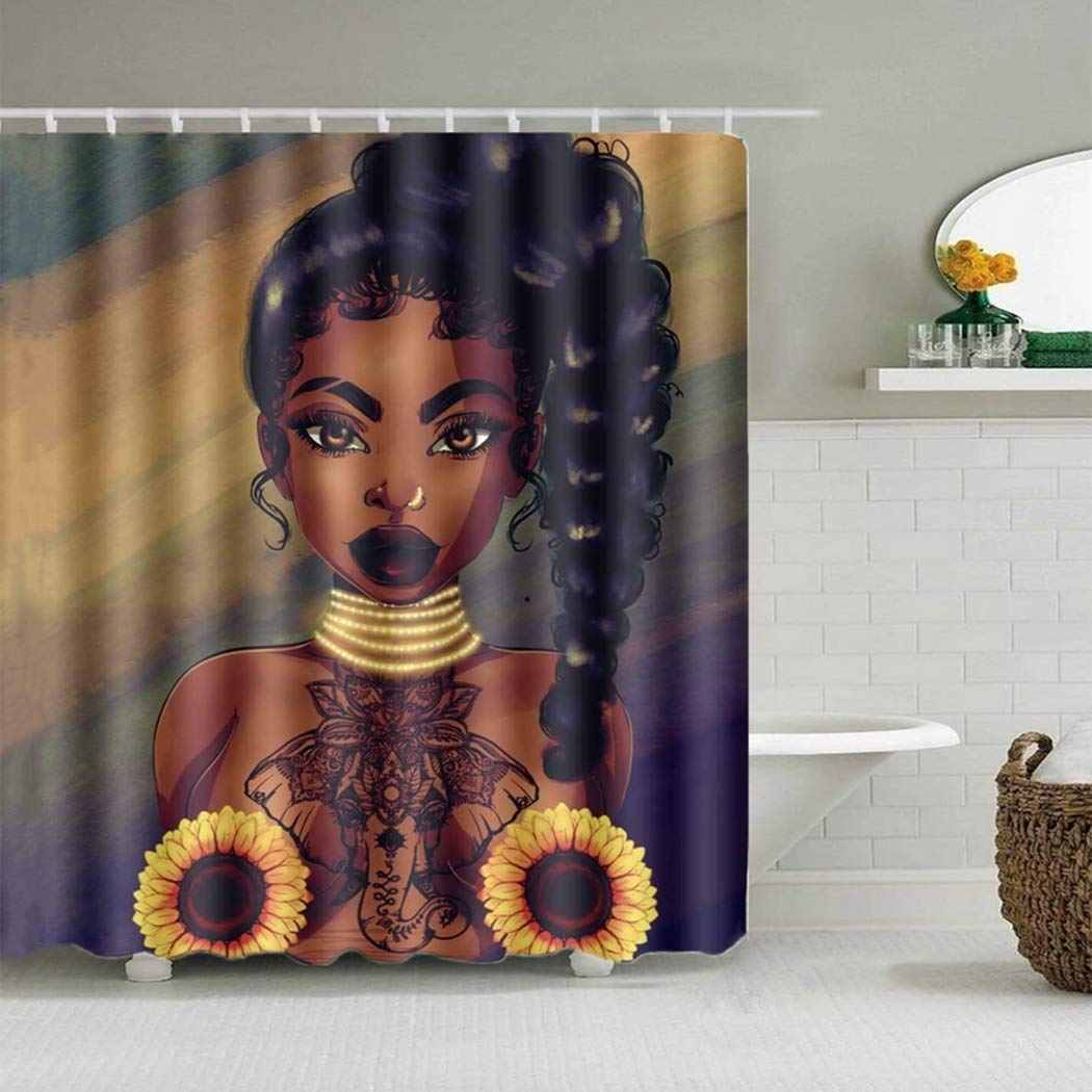 songshenjian Sexy African Woman with Sunflower Shower Curtain Waterproof Soft Fabric Cloth Bath Curtain,Exotic Afro Girl Bathroom Decor,Girl with Sunflower,with 12 Hooks,72 inch W x 72 inch L