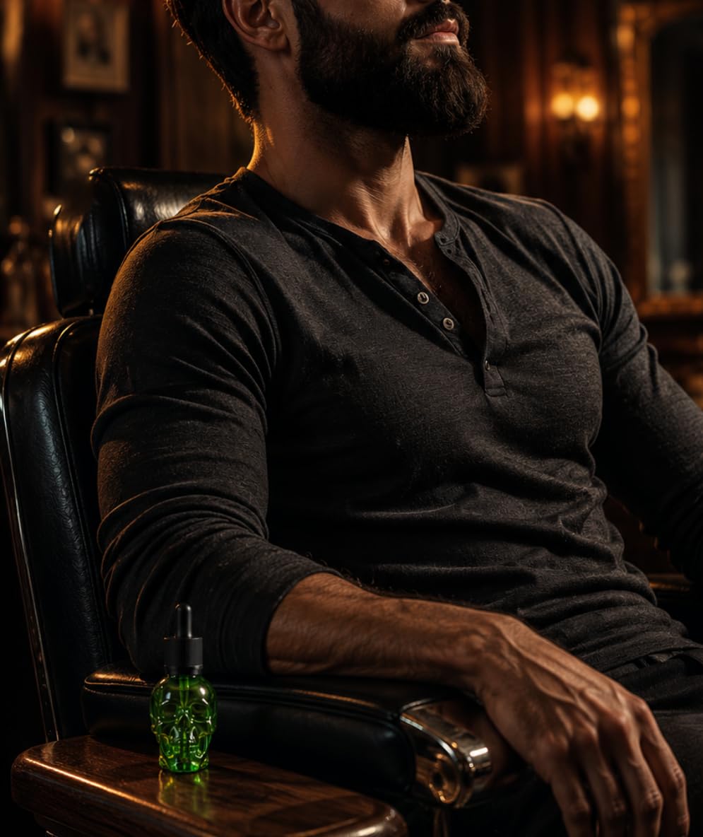 Bandido Olio per barba, per la cura quotidiana della barba di 3 giorni o barba piena, idea regalo per gli uomini, 40 ml con dispenser per pipetta, design teschio, siero per barba, colore verde