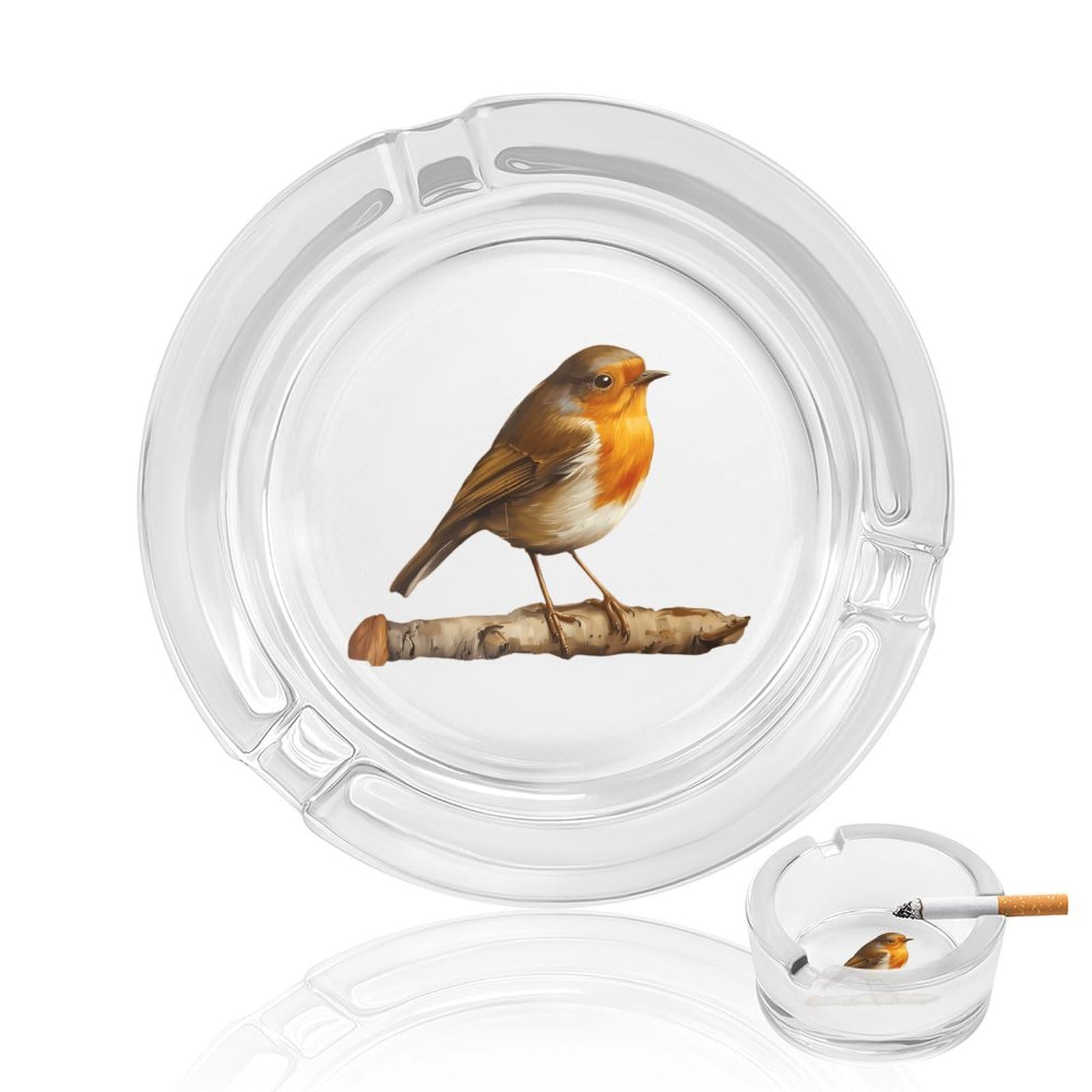 Robin Bird on Wood Ashtray Portable Round Glass Outdoor Ash Tray for Home Office Garden Pub