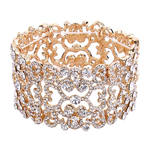 EVER FAITH Women's Austrian Crystal Bride Heart Art Deco Elastic Stretch Bracelet Clear Gold-Tone