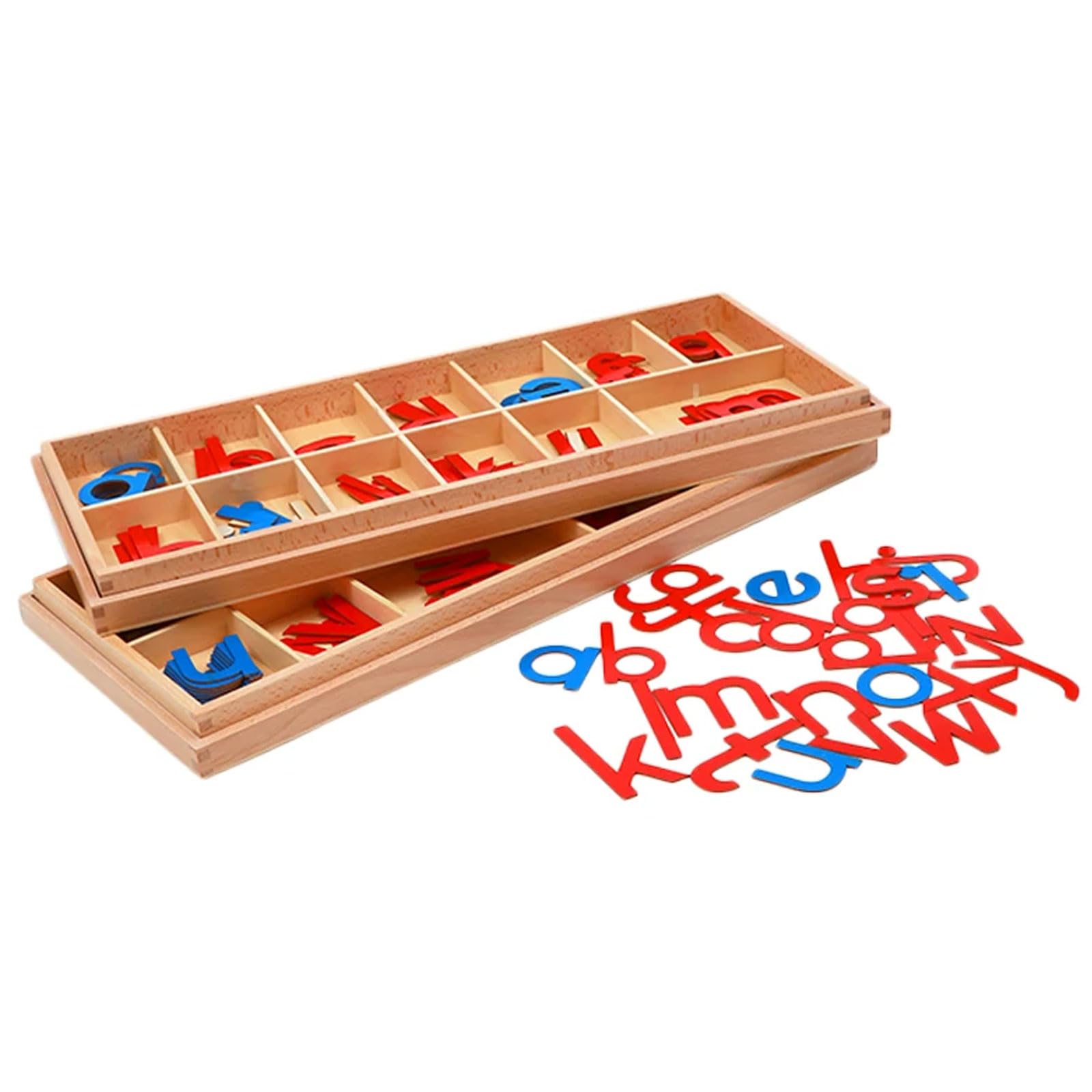 Montessori ruchome alfabet, drewniane pudełko z małymi literami | Czerwono-niebieski zestaw ruchomego alfabetu, materiały językowe, zabawka edukacyjna nauki fonetycznego pisania