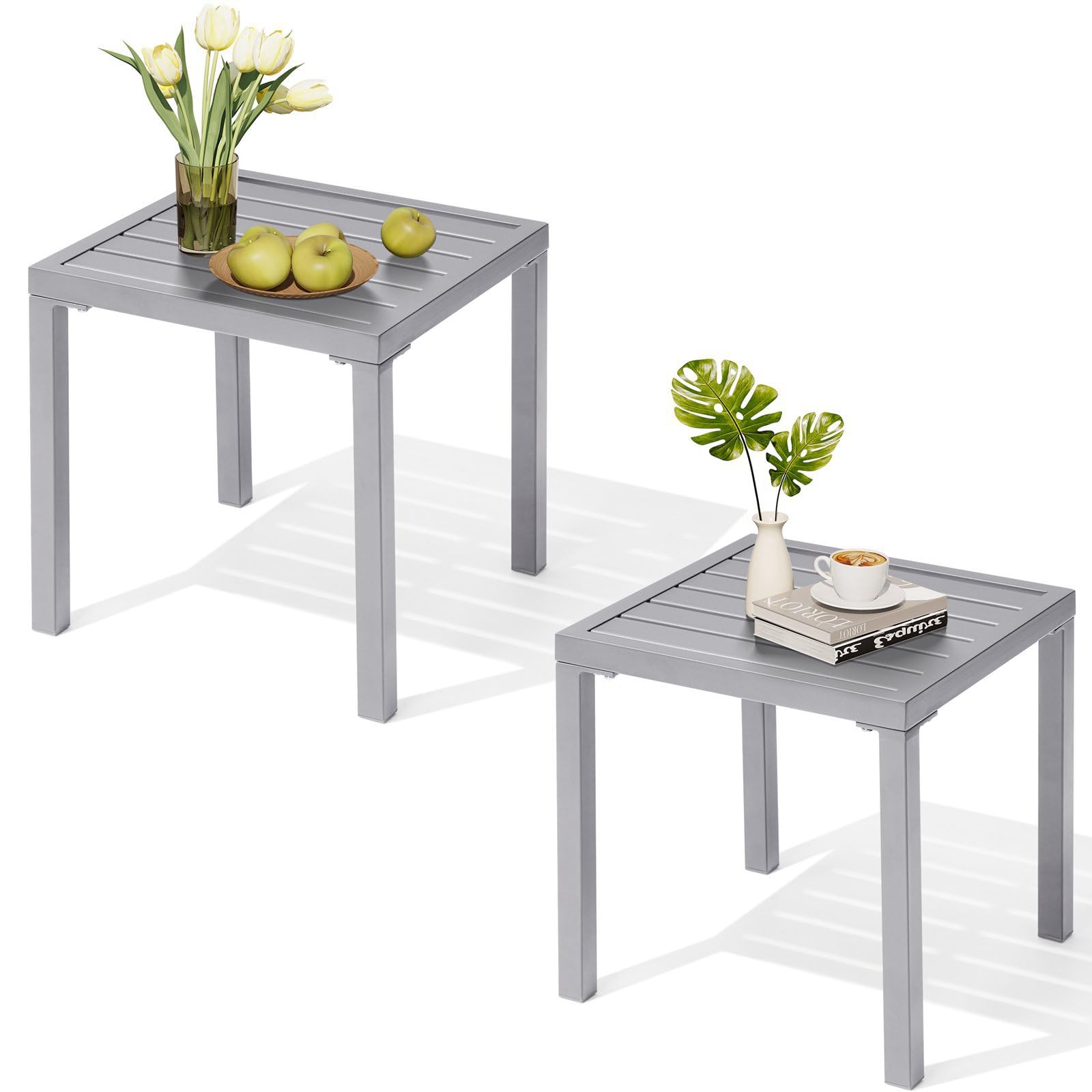 Crestlive Products Outdoor Side Table Set of 2, Small Square Metal End Table Weather Resistant Pool Side Tables for Patio Balcony（Light Gray