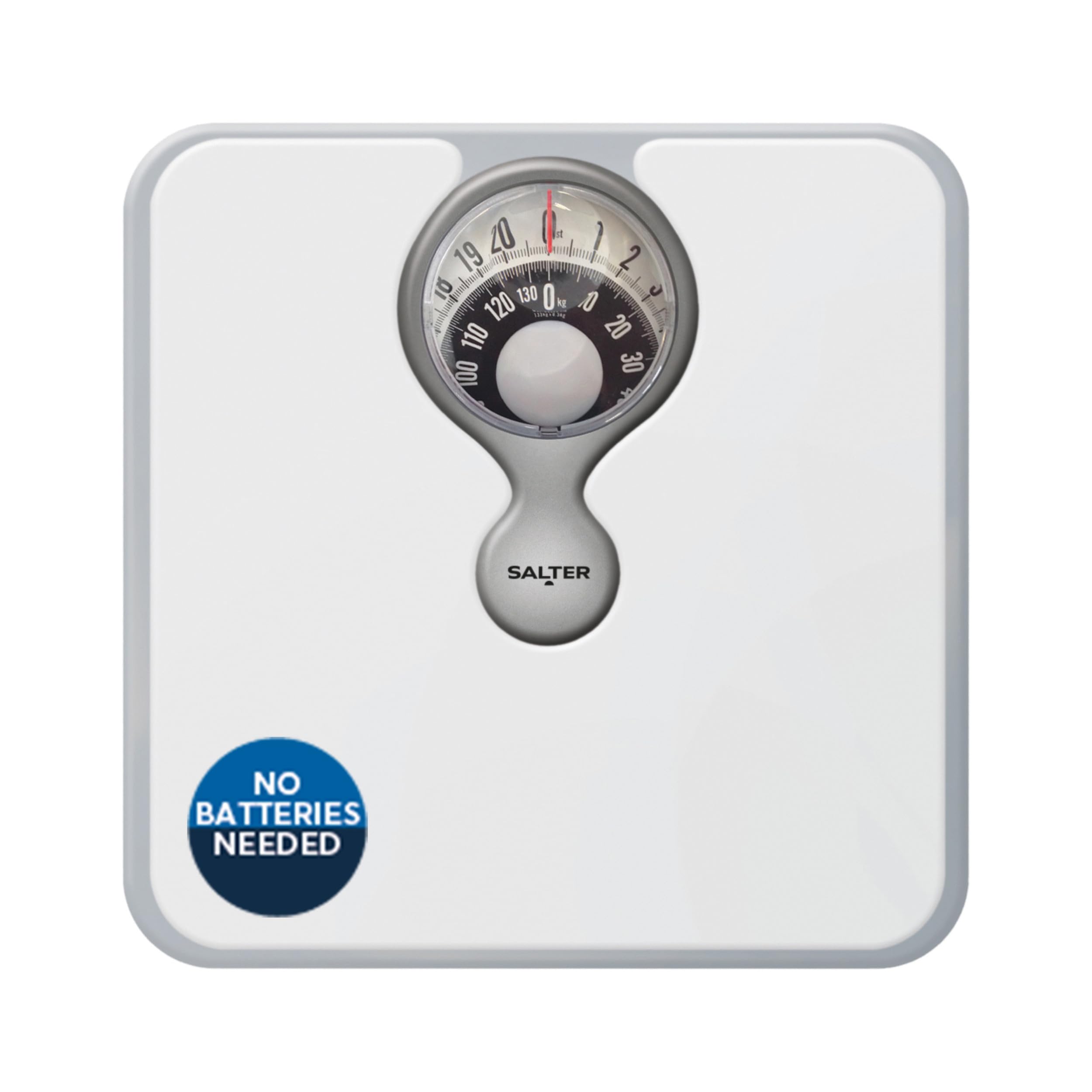 Salter Mechanical Bathroom Scale – Premium Analogue Body Weight Scale with Large Magnifying Lens, 133 kg Capacity, Monochrome Design, No Batteries Needed, White
