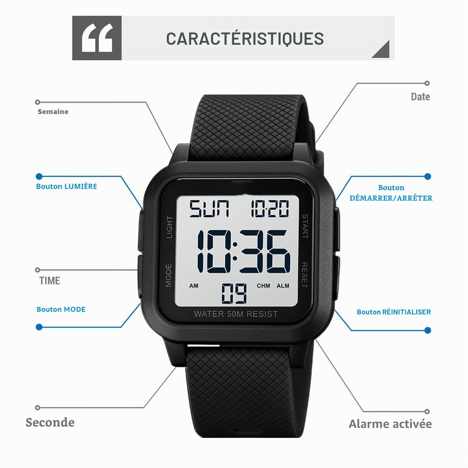Forrader Montre numérique de sport pour homme, étanche, avec rétroéclairage LED, alarme, compte à rebours, double heure, chronomètre, 12/24 heures pour homme, femme, adolescent